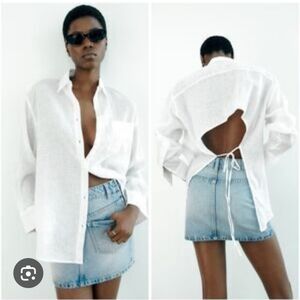 New Zara Open-Back Linen Shirt,White,Button-up, M